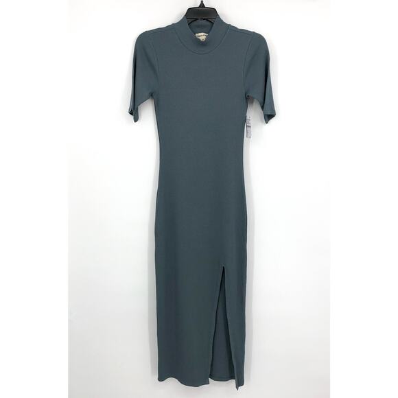 OPEN EDIT Women's Mock Neck Rib Midi Dress in Blue Weather XS Short Sleeve NWT - Picture 2 of 10